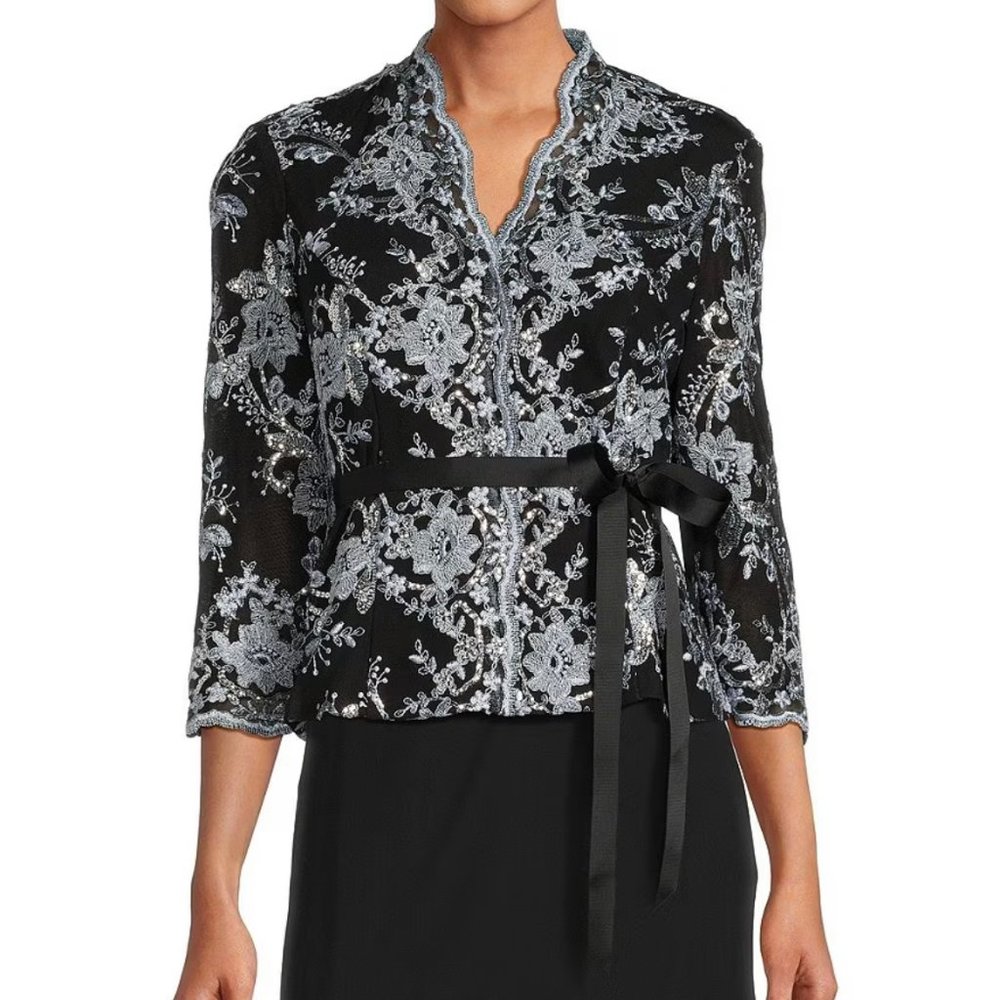 NWT Alex Evenings 3/4 Sleeve V-Neck Tie Waist Embellished Blouse in M Petite